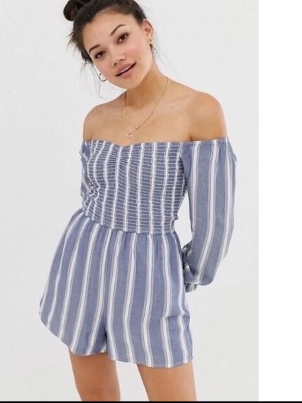 Hollister Blue & White Striped Off-Shoulder Romper